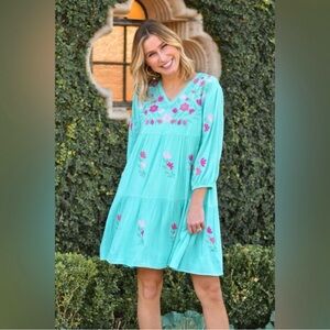 J. Marie embroidered Madeline swing dress small teal turquoise boho coquette
